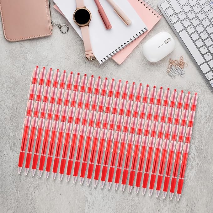 Aozora Retractable Pens Ballpoint Super Smooth Writing Pens Bulk 100 pack Medium Point 1.0mm No Bleed Click Pens with Soft Grip Red Ink
