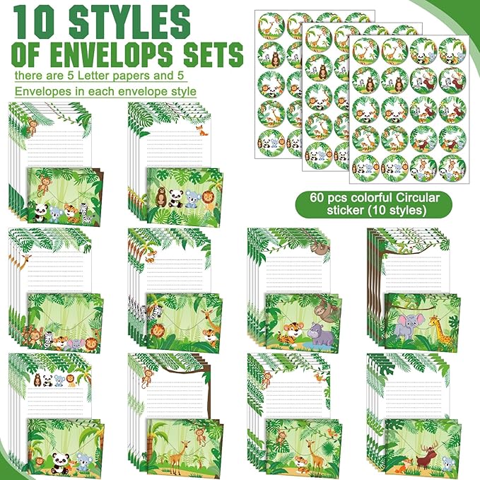TaoBary 160 Packs Stationery Paper Set (50 Double Sided Stationery Writing Papers 50 Matching Envelopes) 60 Round Dot Sticker, 10 Design(Safari Animal,5.5 x 8.25 Inch)
