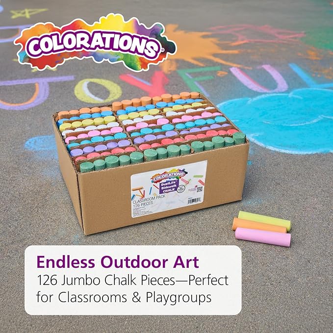 Colorations sidewalk chalk classroom pack, Assorted Set, Outdoor Play, Screen-free, Creativity, Drawing, Hopscotch, Easy to Grip, Colors & Patterns