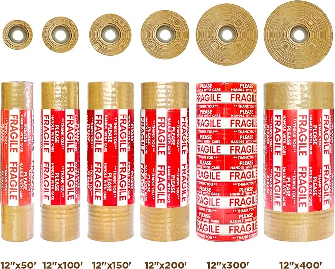 Honeycomb Packing Paper, 12"x150' Brown | Perforated Honeycomb Packing Paper Recyclable Moving Supplies for Shipping & Moving | Plastic-Free Alternative to Bubble Cushion Wrap with 36 Fragile Stickers