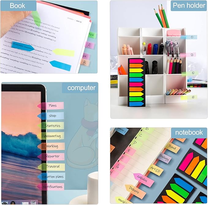 Golcellia Fluorescent Translucent Sticky Note Flags, 2400 Pcs Total, Pack of 10 Color Tabs, Arrow Sticky Notes, Page Flag Markers, Arrow Index Tabs