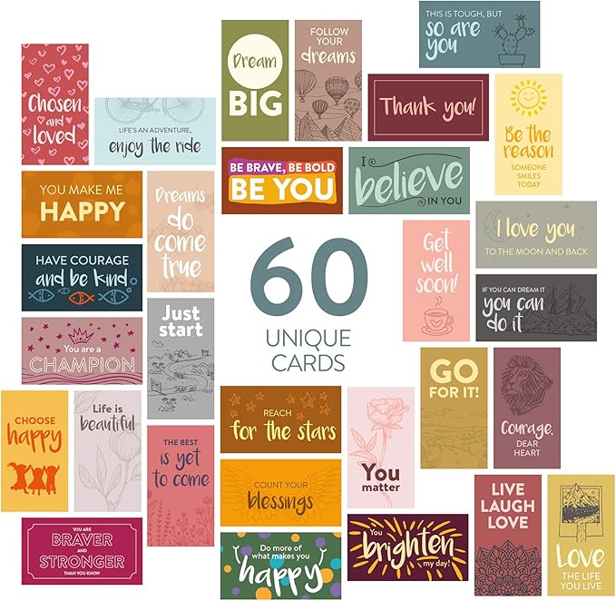 DIVERSEBEE 60 Pack Assorted Motivational Cards - Inspirational and Kindness Mini Note Cards, Gratitude Encouragement Card Set with 60 Unique Motivational Quotes Business Card Size (Assorted)
