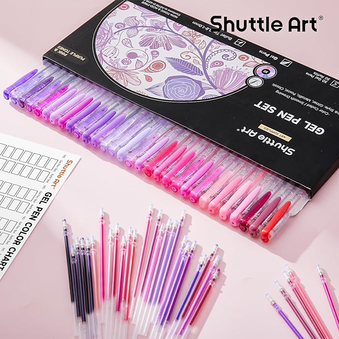 Shuttle Art 60 Pack Tone , Pink Purple Gel Pens with 30 Refills for Adults Coloring Books Journaling Drawing Nature, Landscapes, Animals Scenes