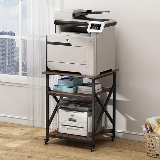 23.6 x 23.6 Inches Large Printer Stand, 3 Tier Square Printer Table with Height Adjustable Storage Shelf, Rolling Printer Cart with Industrial Wheels for Home Office - Rustic Brown