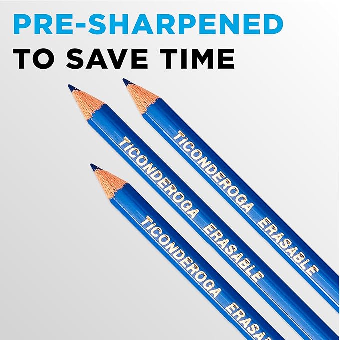 Ticonderoga Erasable Checking Wood-Cased Pencils, Pre-Sharpened, Blue, 12 Count