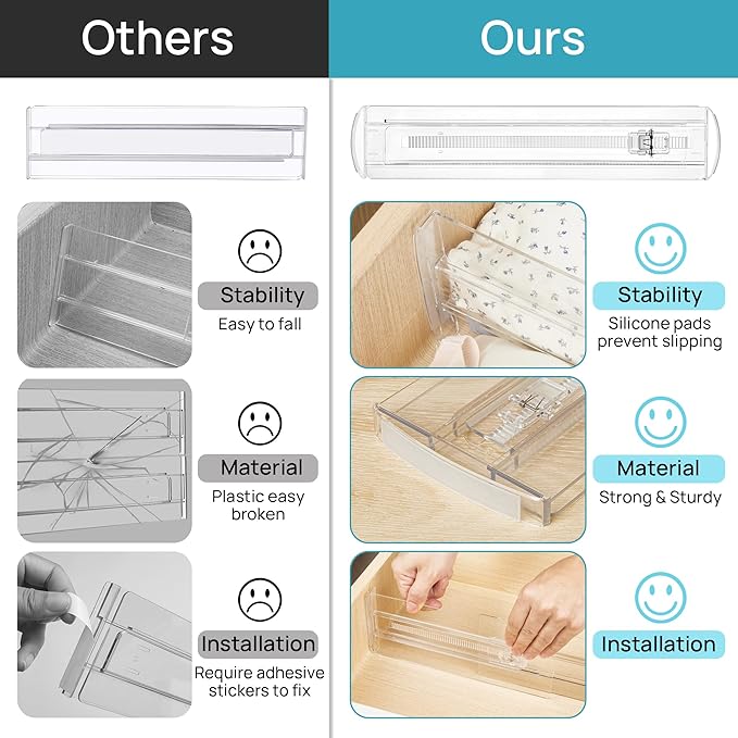Vtopmart 12 Pack Drawer Dividers for Clothes, 4" High 10.2"-16.6" Adjustable Expandable Dresser Drawer Organizer, Clear Plastic Separators for Dresser, Baby Clothing, Underwear, Cosmetic, Toiletries