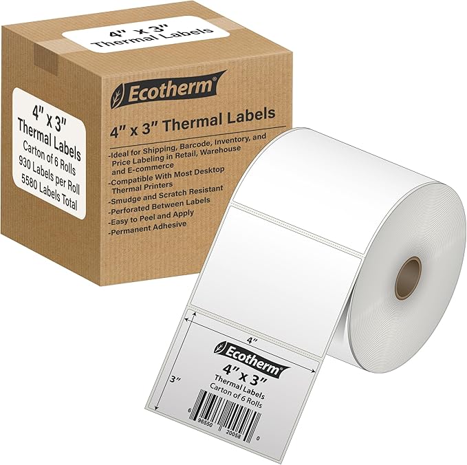 4" x 3" Thermal Labels | 6 Rolls | 5580 Labels | fits Zebra, Munbyn, Rollo, Godex, Arkscan, iDPRT, Offnova Thermal Label Printers and More | Blank White Adhesive Stickers by Ecotherm