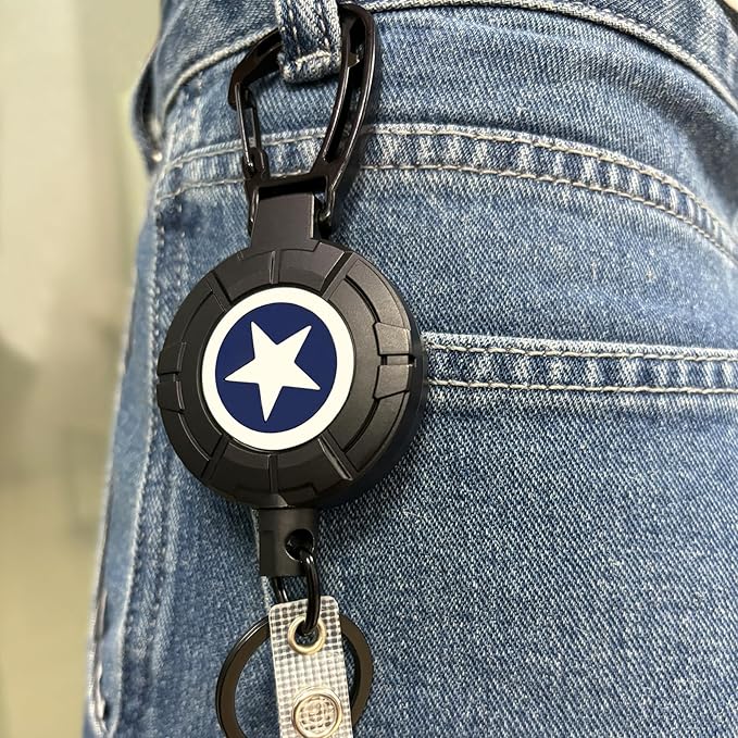 Rotating Blue Star Faceplate Badge Reel with Retractable Steel Wire Keychain, Heavy Duty Carabiner Holder, Ideal for Key & Card Storage Gift for Men