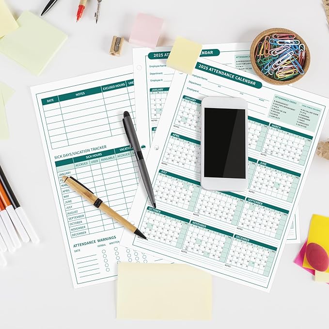 ReliThick 50 PCS 2025 Attendance Calendar Card Stock Paper 2025 Attendance Sheets for 3 Hole Binder Employee Record Folders for Manager, HR, Store Location Managers(Green)