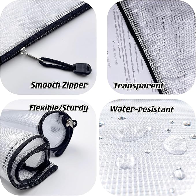 Oaimyy-A4(9"x 13",12 Pcs),Plastic Mesh Zipper Pouch Document Folders Bag Zip File Folders for School Office Supplies, Travel,Puzzles Games Organizing Storage-Black