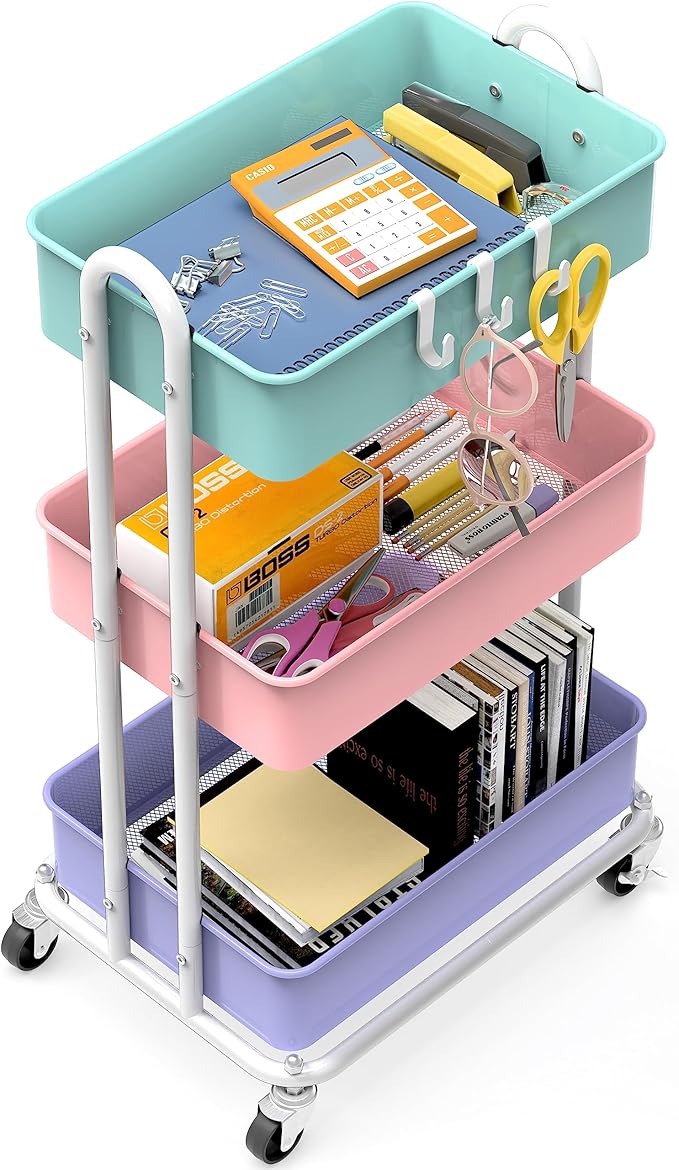 Simple Houseware Heavy Duty 3-Tier Metal Utility Rolling Cart, Multicolor