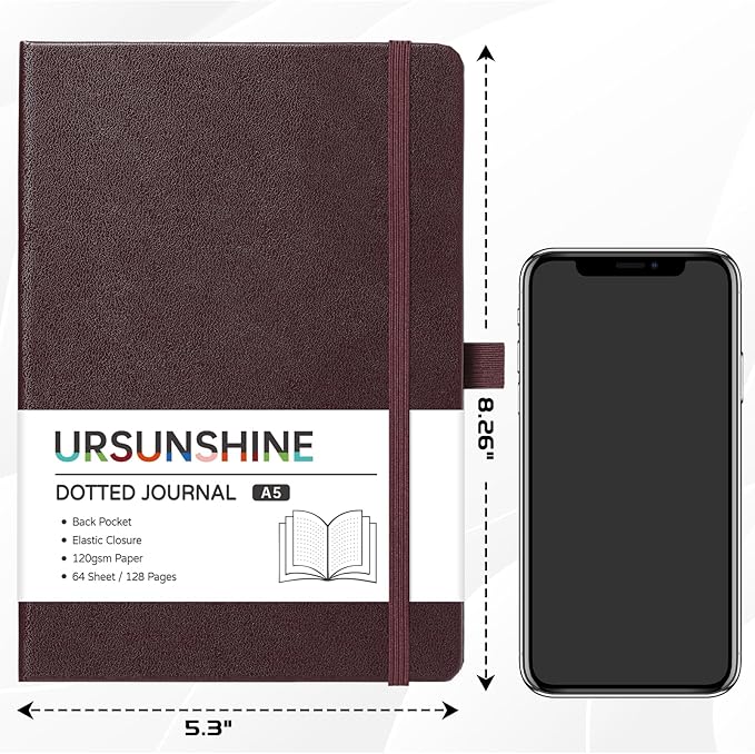 Dotted Journal/Notebook - Dot Grid Hard Cover Notebook, Premium Thick Paper with Fine Inner Pocket, Black Smooth Faux Leather, Pen Loop, 5.3'' x 8.26'' - Brown