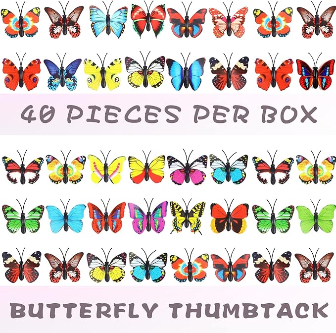 GOUWEIBA 40 Packs Decorative Thumb Tacks - Cute Push Pins Colorful Pushpins for Photo Wall Cork Board Bulletin Board Home Office Decor Cubicle Decorations (Butterfly)