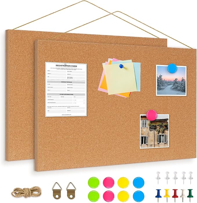DOLLAR BOSS Magnetic Cork Board, 2 Pcs 16" x 12" Small Cork Bulletin Board 0.7" Thick Frameless Corkboards for Walls Pin Notice Board with 8 Magnets 10 Pushpins for Home Office Kitchen School Decor
