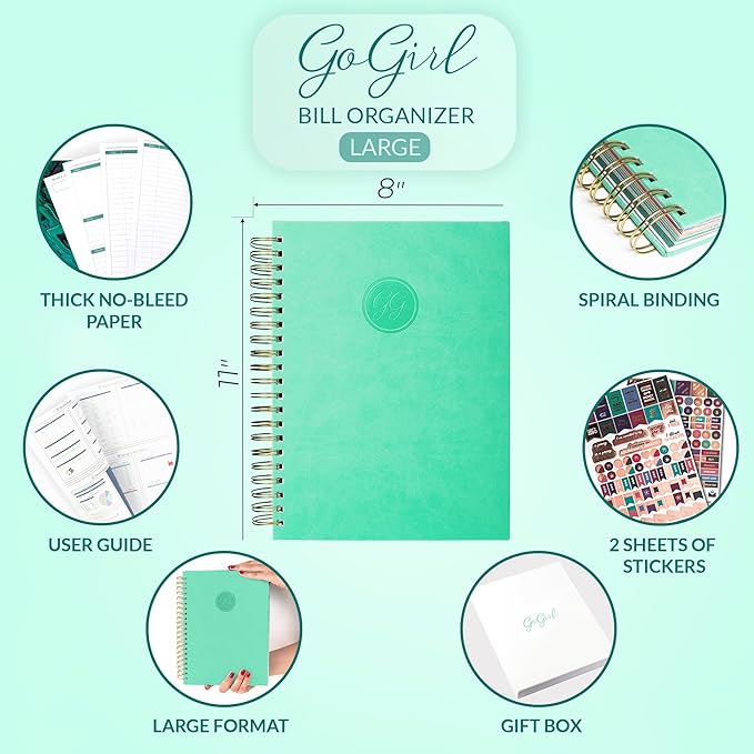 GoGirl Budget Planner & Monthly Bill Organizer – Monthly Financial Book with Pockets. Expense Tracker Notebook Journal, Large (Mint Green)