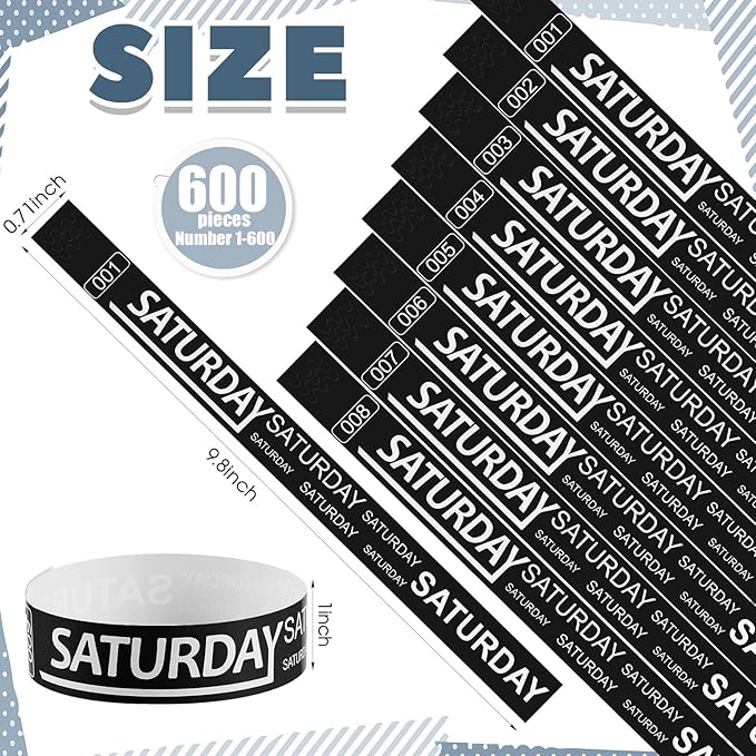 Henoyso 600 Pcs Saturday Paper Wristbands Event Wristbands Paper Bracelets Wristbands Numbered Waterproof Party Wristbands for Events Day of The Week(Black)