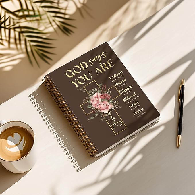 Bible Notebook, A5 Spiral Christian Journal with Floral Notebook, Bible Verse-God Says You Are, Inspirational Notebooks for Women, Bible Study, Gift for Birthday Christmas, Office Supplies (Brown)