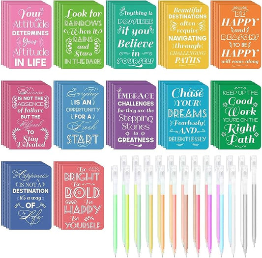 60 Pcs Mini Inspirational Notebooks Bulk with 60 Pcs Colorful Pens, Small Pocket Journal Notepads Set, Motivational Bulk Gifts for Women Men Teacher Student Kids,Fun School Office Supplies,3.5"x5.5"