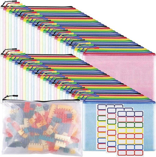 60pcs Large A4 Mesh Zipper Pouch File Bags YOPCDJ Reusable Zippered Pouches for Organizing Classroom, Board Game Storage, Puzzle Bags