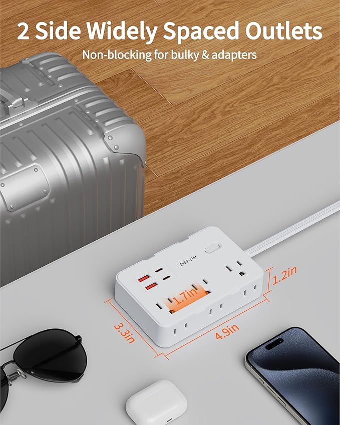 Surge Protector Power Strip with Flat Plug, 3 FT Extension Cord with 6 AC Outlets 4 USB Ports,1050J Surge Protection, Wall Mountable Charging Station for Office, Home, White