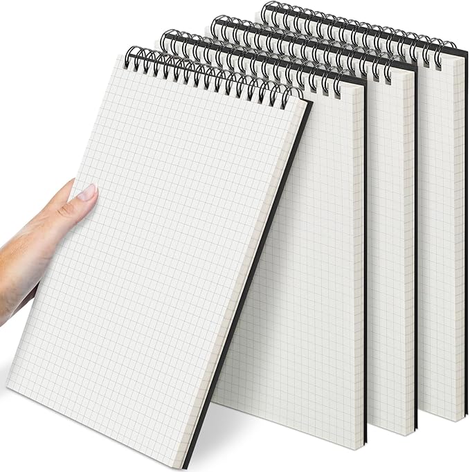 Graph Paper Spiral Notepad A5 Top Wirebound Notepad Grid Notebook Steno Pads Memo Notebook Grid Paper 140 Pages for Writing Sketching Drawing Office Supplies(Black,4 Pack)
