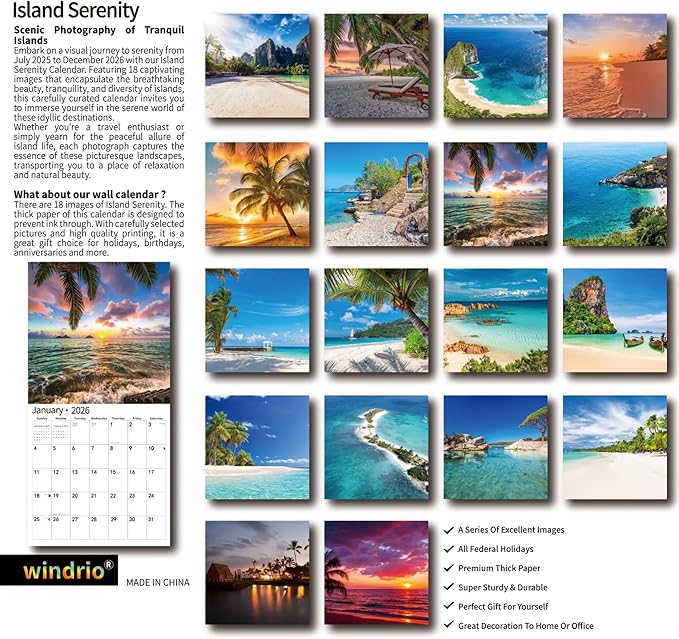 2026 Wall Calendar,Calendar 2026, July 2025 - December 2026, Wall Calendar Island Serenity, 12" x 24" Opened,Full Page Months Thick & Sturdy Paper for Gift Perfect Calendar Organizing & Planning
