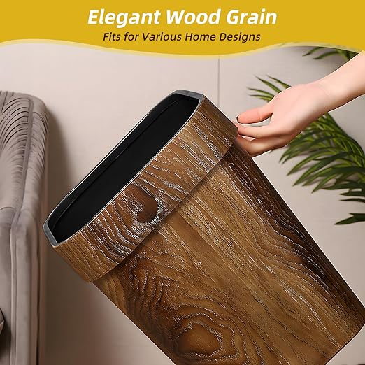 Wood Grain Plastic Trash Can Bedroom, Square 2-Pack, 3.7 Gal Farmhouse Wastebasket Bin Retro Style, Brown Trash Can for Room Aesthetic, Open Top Garbage Can for Office, Living Room, Hotel, Bathroom