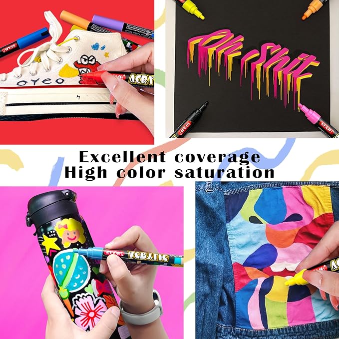 SFAIH Acrylic Creative Markers - 3mm Replaceable Nibs 8 Colors, Large Ink Capacity, Ultra-High Coverage, Non-Bleeding Water-Based Ink, Drawing Markers for Art Supplies, Wood, Fabric, Rock Painting