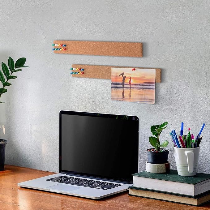 HBlife Cork Board Bulletin Board Bar Strip 8 Pack, 15x2 Inch - 1/2 Inch Thick, Frameless Cork Board Strips with 50 Multi-Color Push Pins, Strong Self Adhesive Backing