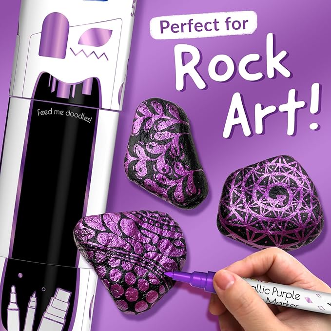 5 Metallic Acrylic Purple Paint Pen - Extra Fine Tip, Thin & Jumbo (1mm, 3mm, 6mm, 10mm, 15mm) - Markers for Fabric, Metal, Plastic, Canvas, Wood, Rock Painting, Glass, Purple Permanent Marker