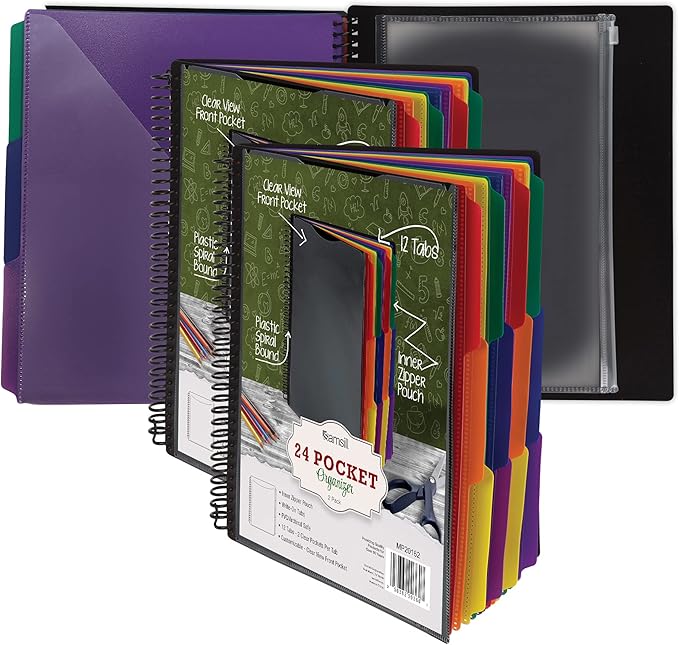 Samsill 2 Pack Deluxe 24 Pocket Spiral Project Organizer with Inner Zipper Pouch, Customizable Front Cover, 12 Dividers with Erasable Write-On Tabs in Assorted Colors, Plastic Folders with Pockets