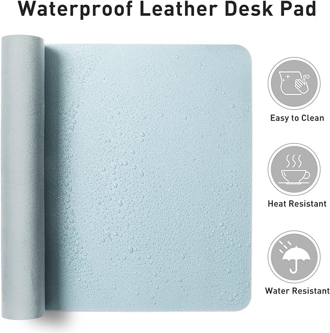 Aothia Leather Desk Pad Protector, Office Desk Mat, Large Mouse Pad, Non-Slip PU Leather Desk Blotter, Laptop Desk Pad, Waterproof Desk Writing Pad for Office and Home (48"x17", Baby Blue)
