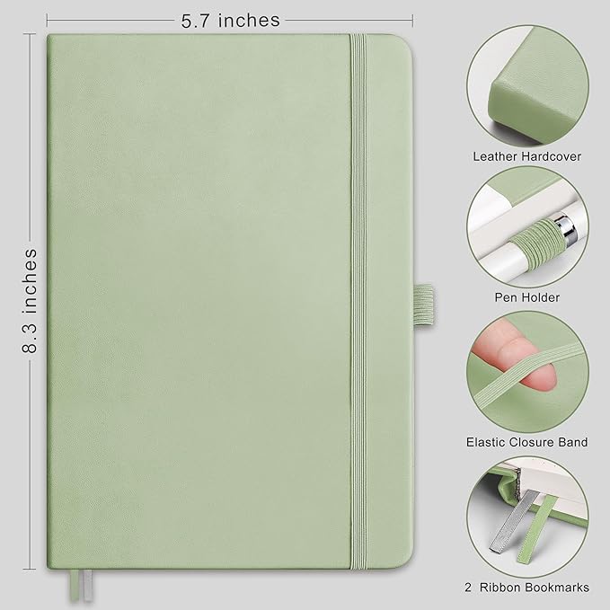 RETTACY Bullet Dotted Journal Notebook, 256 Pages, A5 Medium Size (5.7'' × 8.3''), Leather Hardcover, 120 GSM Thick Paper, for Bullet Journaling, Planning, Tracking (Light Green)