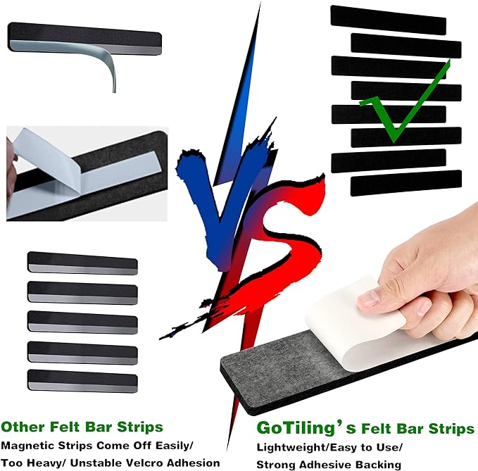 Cork Board for Walls - 8 Pack Felt Pin Board Bar Strips - Self-Adhesive Lightweight Bulletin Board - Black Cork Board for Office with 40 Push Pins No Damage for Wall