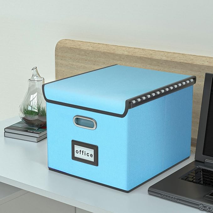 Huolewa Portable File Organizer Box Office Document Storage with Lid, Linen Hanging Filing Storage Boxes, Decorative Home/Office Filing System for File and Folders Storage (Sky-blue)