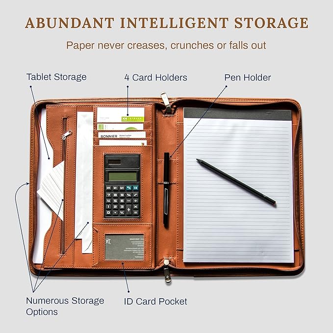 Cossini Premium Business Portfolio with Zipper – Padfolio - Superior Business Impressions Begin with PU Vegan Leather, 10.1 Inch Tablet Sleeve, Smart Storage, Solar Calculator, Writing Pad - Tan