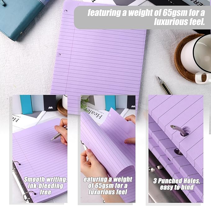 HIBOX 100 Sheets Wide Ruled Loose Leaf Paper, 8x10.5 Inch, 3-Hole Punched, Purple Filler Paper for School & Office