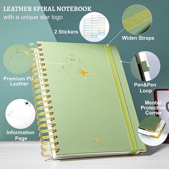 Yoment Leather Spiral Notebooks for Work Thick 5 Subject Notebook College Ruled with Dividers 360 Pages B5 Hardcover Lined Journals for Women Men Writing, Green