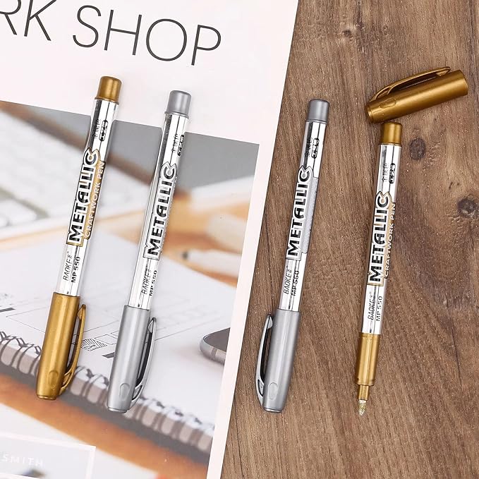 LOONENG Gold Marker Metallic, Fine Point Gold Markers Permanent Metallic for Adult Coloring, Black Paper, Scrapbook, Artist Illustration, Crafts, Gift Card Making, Fabric, DIY Photo Album, 8 Count