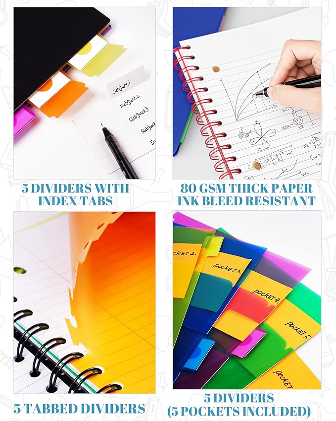 Spiral Notebook - 5 Subject Notebook, College Ruled Notebook With Dividers Pocket, Tabs Label (5PackBlack)