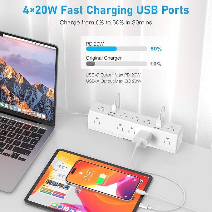 40W Fast Charging Station, VILONG Desk Clamp Power Strip, Desktop Mount Surge Protector, 8 USB Ports(4 USB-C), 10 AC Outlets and 10Ft Cord, for Home, Office, Fit 1.6" Tabletop Edge