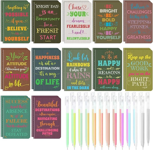 24 Pcs Mini Inspirational Notebooks Bulk with 24 Pcs Colorful Pens, Small Pocket Journal Notepads Set, Motivational Bulk Gifts for Women Men Teacher Student Kids,Fun School Office Supplies,3.5"x5.5"