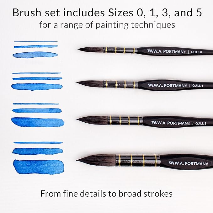 WA Portman Quill Round Watercolor Brushes Professional 4pc Set - 100% Vegan, Cruelty-Free Synthetic Squirrel Hair Watercolor Brushes Set with Triangular Comfort Grip