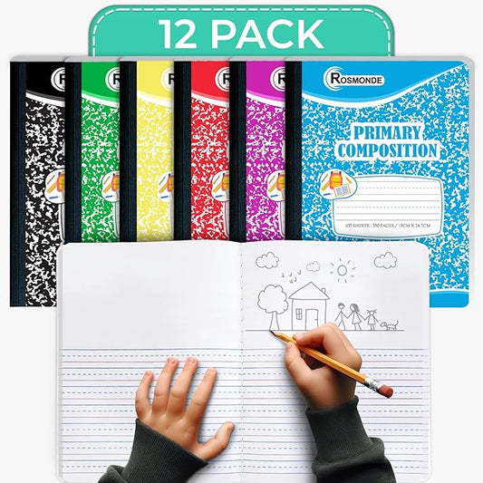 Composition Notebooks Primary Ruled, 12 Pack, 200 Pages (100 Sheets), Draw and Write Journal, Primary Composition Notebook for Kids, Grades K-2 School Supplies, Hard Cover, Assorted Colors