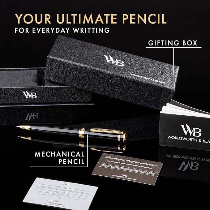 Wordsworth and Black Mechanical Pencil Graphite Lead- Stunning Luxury Metal Pencil, Black Lacquer 24K Gold Finish, 0.7mm Led, Best Gift Set for Men & Women, Professional Executive Office Pencils