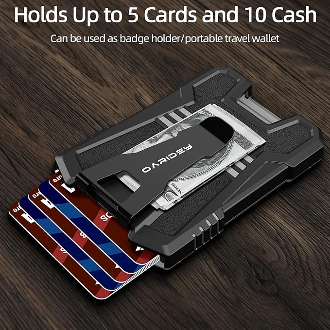 Oaridey Badge Holder/ID Card Holder/Portable Travel Wallet with Manganese Steel Clip, Heavy Duty Vertical Clear ID Holder for Work ID, Credit Cards- Black Genuine Leather