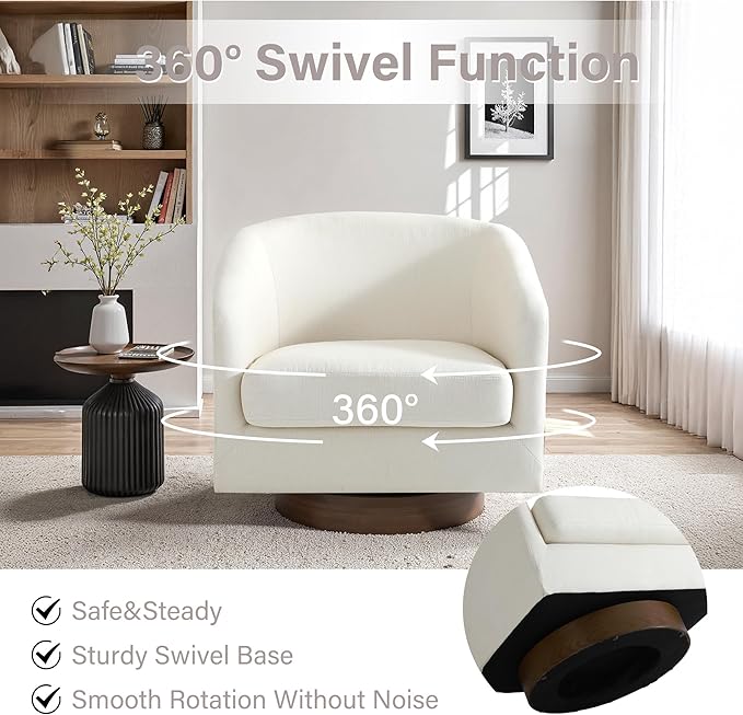 UIXE Swivel Accent Chair with Wood Base, Fabric Upholstered Barrel Chairs for Living Room, Comfy Round Armchair Single Sofa Bedroom Reading Seat - 31" W, Beige