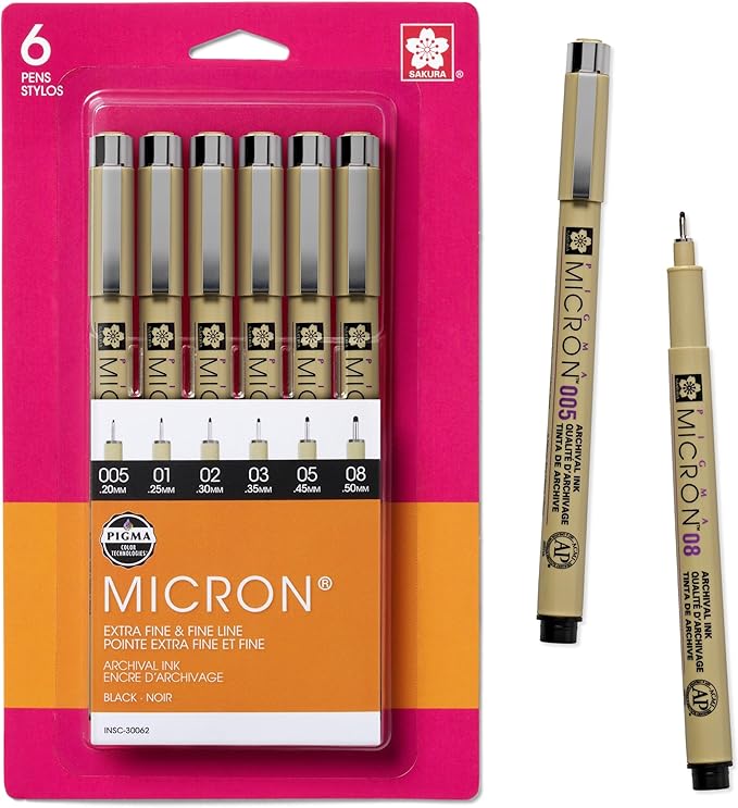 SAKURA Pigma Micron Fineliner Pens - Archival Black Ink Pens - Pens for Writing, Drawing, or Bullet Journaling - Assorted Point Sizes - 6 Pack