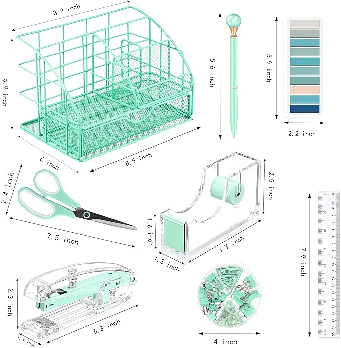 Green Desk Accessories, Office Desk Organizers and Accessories Supplies with Mesh Desk Organizer, Tape Dispenser, Stapler, Staples, Ballpoint Pen, Clips Set, Ruler, Scissor, Sticky Tabs