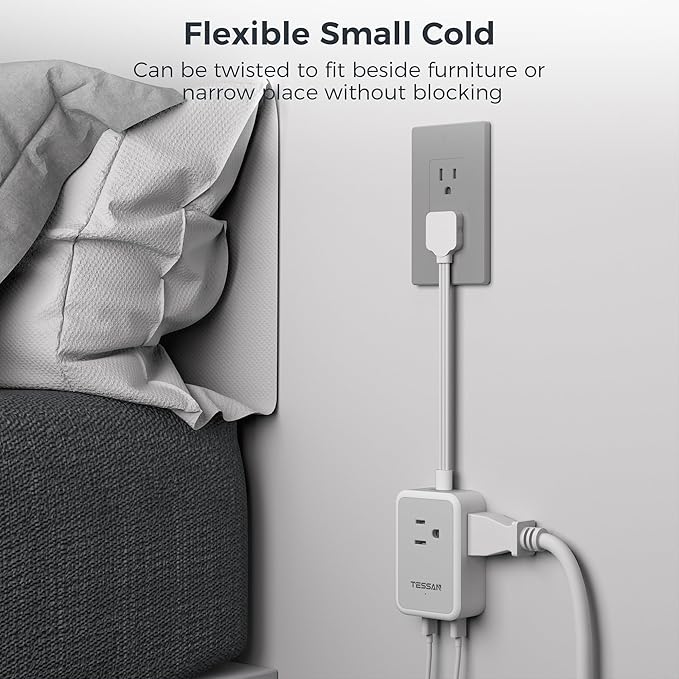 Short Power Strip 9 inch, TESSAN Flat Plug Small Extension Cord with 3 Outlet Extender 3 USB (1 USB-C) Ports, Desk Power Strip for Cruise Travel Office School Dorm Room Essentials